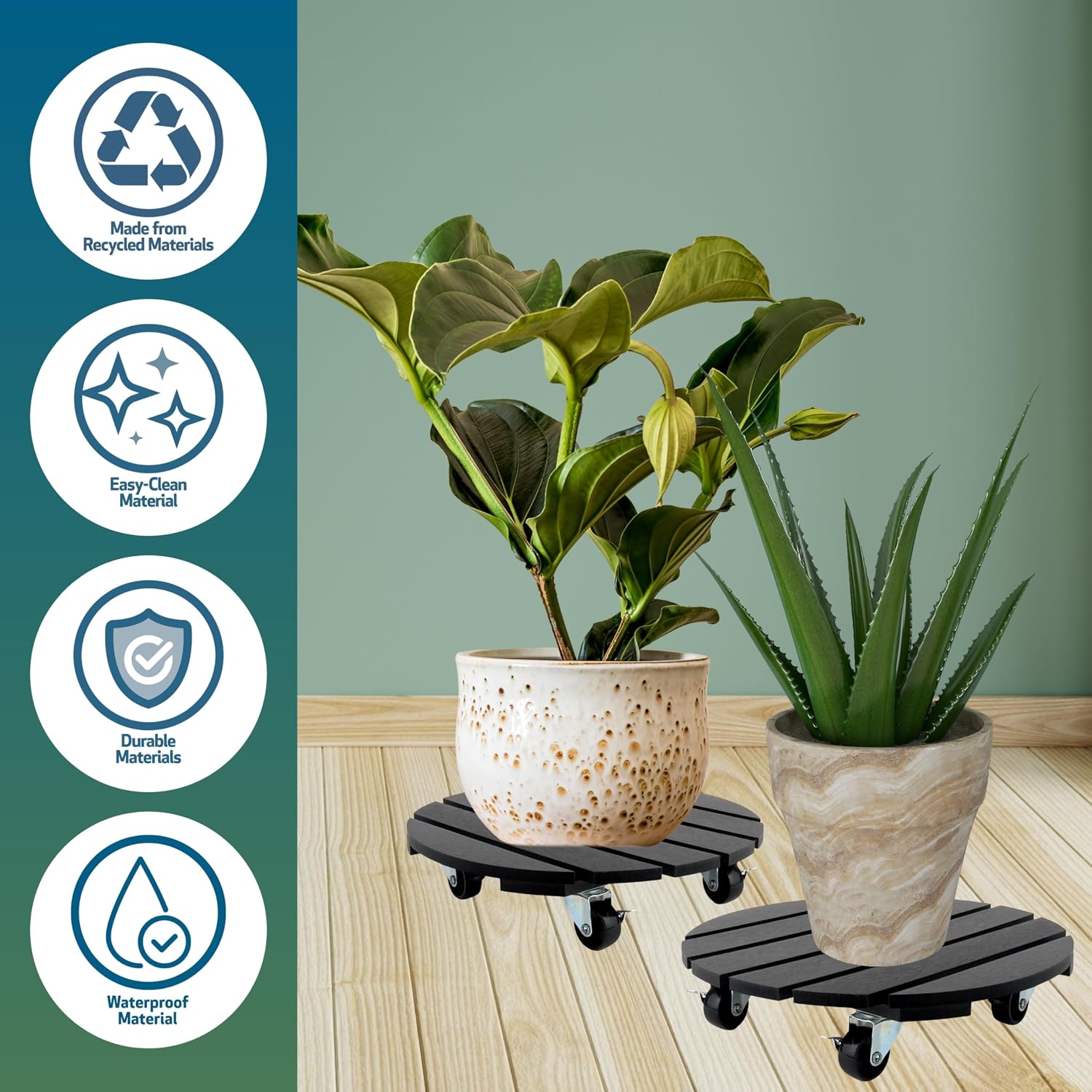 12" Plant Caddy, 2 Pack – Crafted from Recycled HDPE, 220 Lbs Capacity Dolly with 360-Degree Lockable Wheels for Plant