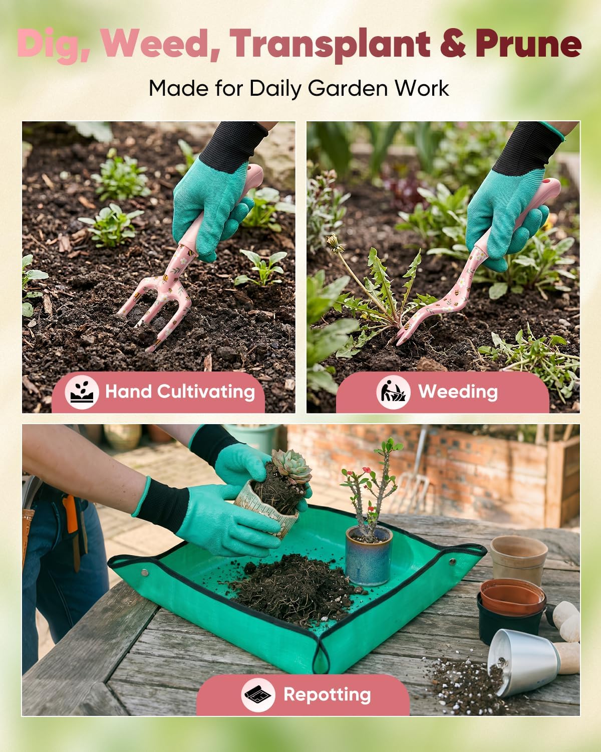 Garden Tool Set Gardening Tools - Heavy Duty Aluminum Tool Kit with Non-Slip Handle, Gardening Gloves and Tool Bag for