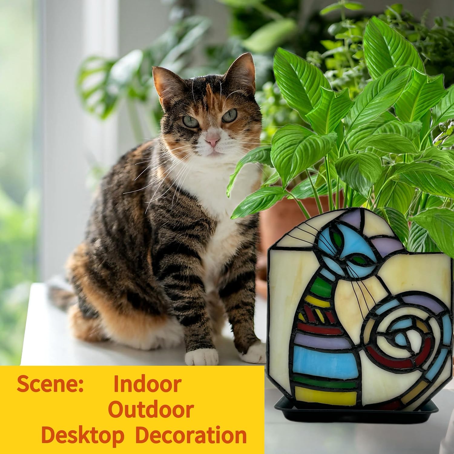 Stained Glass Cat Unique Plant Pot, Indoor Planter with Drainage and Tray,Succulent Plants Flower Pot,Cat Lover