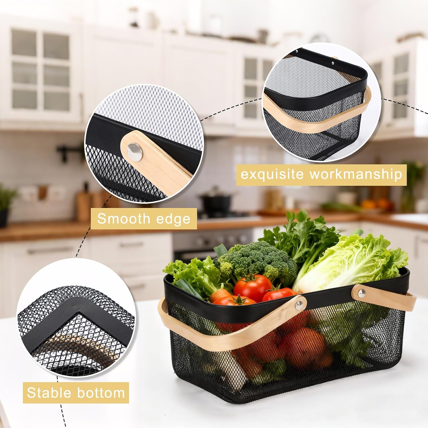 Zonon 4 Pack Harvest Garden Baskets, 2 Size Metal Mesh Harvest Storage Basket with Foldable Wooden Handle, Rectangle