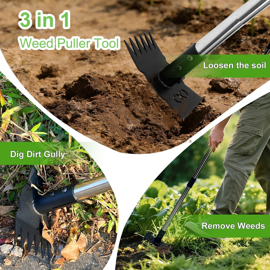 Weed Puller Tool with Long Handle 3 in 1 Manual Garden Hoe Heavy Duty Weeder Remover Tool for Yard, Lawn, Patio and