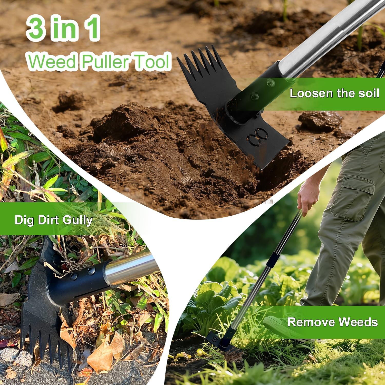 Weed Puller Tool with Long Handle 3 in 1 Manual Garden Hoe Heavy Duty Weeder Remover Tool for Yard, Lawn, Patio and