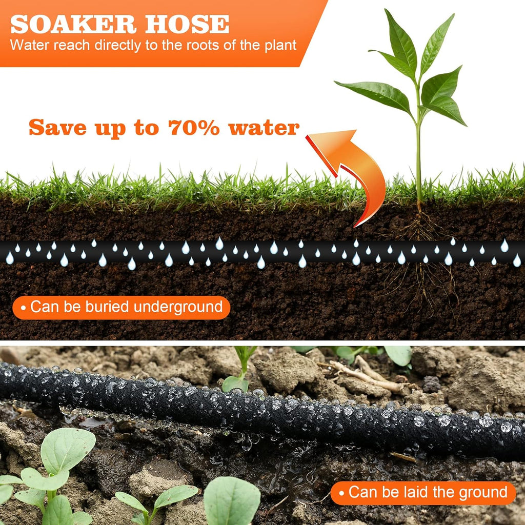 Soaker Hose 100 FT for Garden with 1/2" Diameter Irrigation Hose Save 70% of Water Solid Brass Interface Eminently