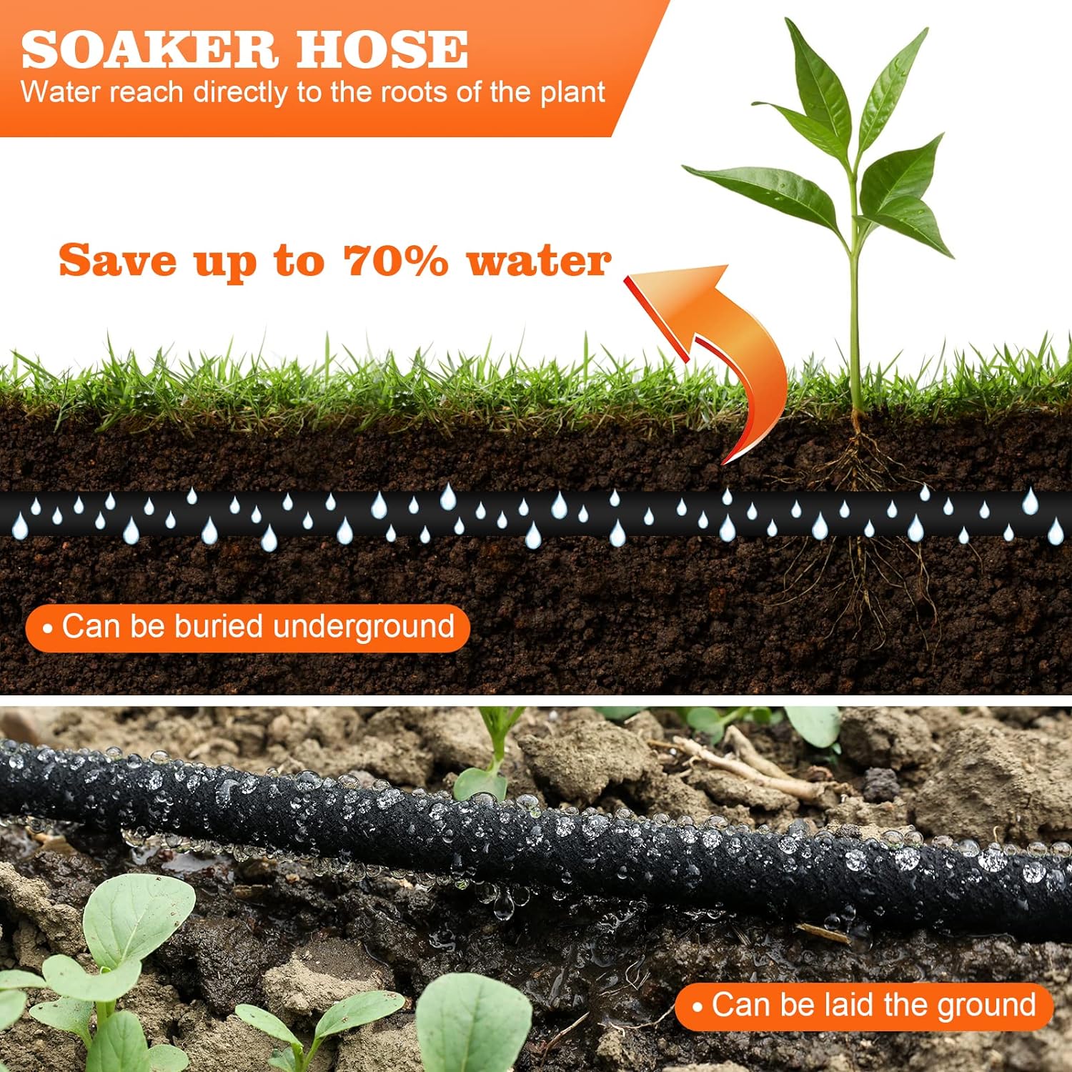 Soaker Hose 100 FT for Garden with 1/2" Diameter Irrigation Hose Save 70% of Water Solid Brass Interface Eminently