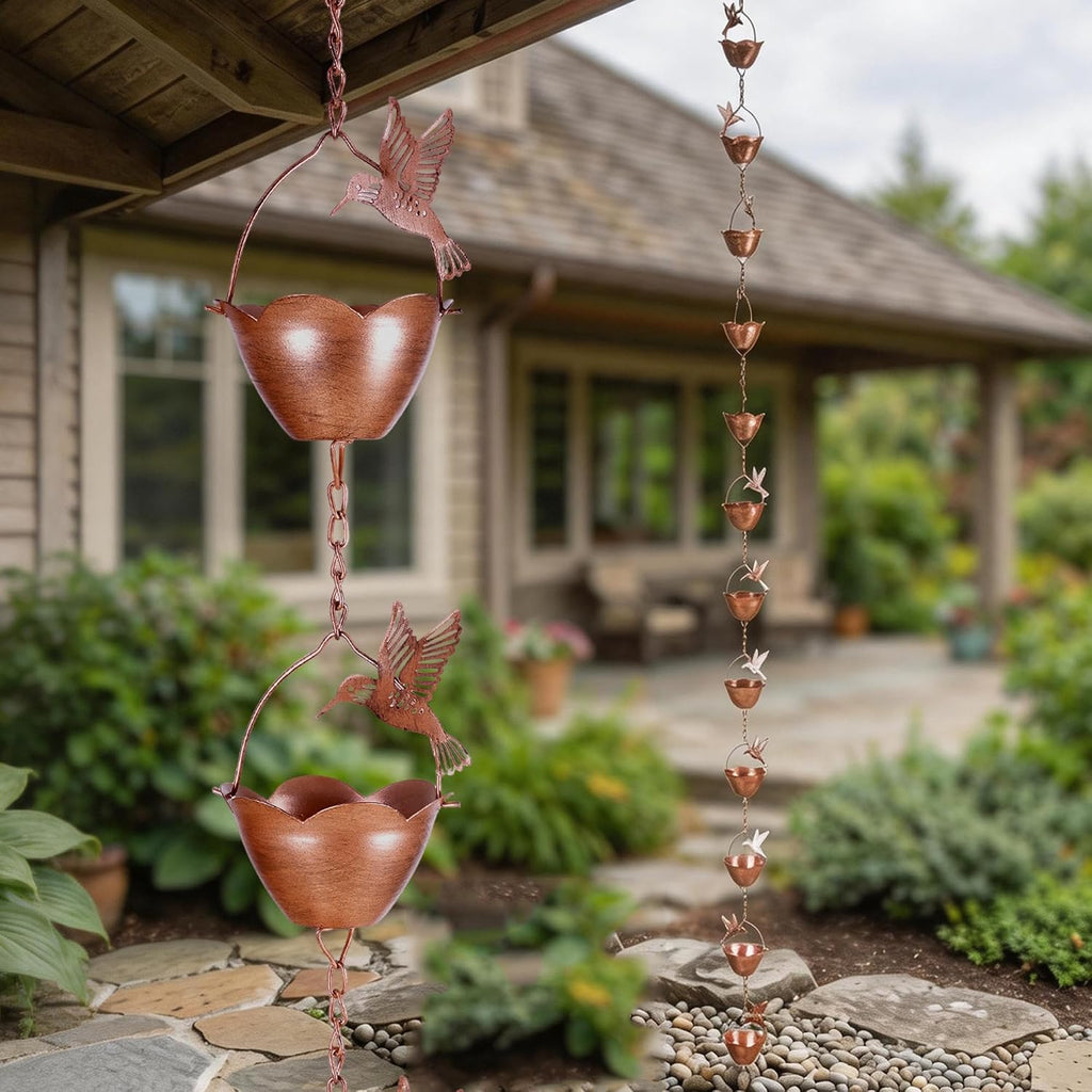 8.5FT Hummingbird Lotus Rain Chain for Gutters, Metal Rain Chain | 12 Cups, Adjustable Rain Catcher Chain with Bell for