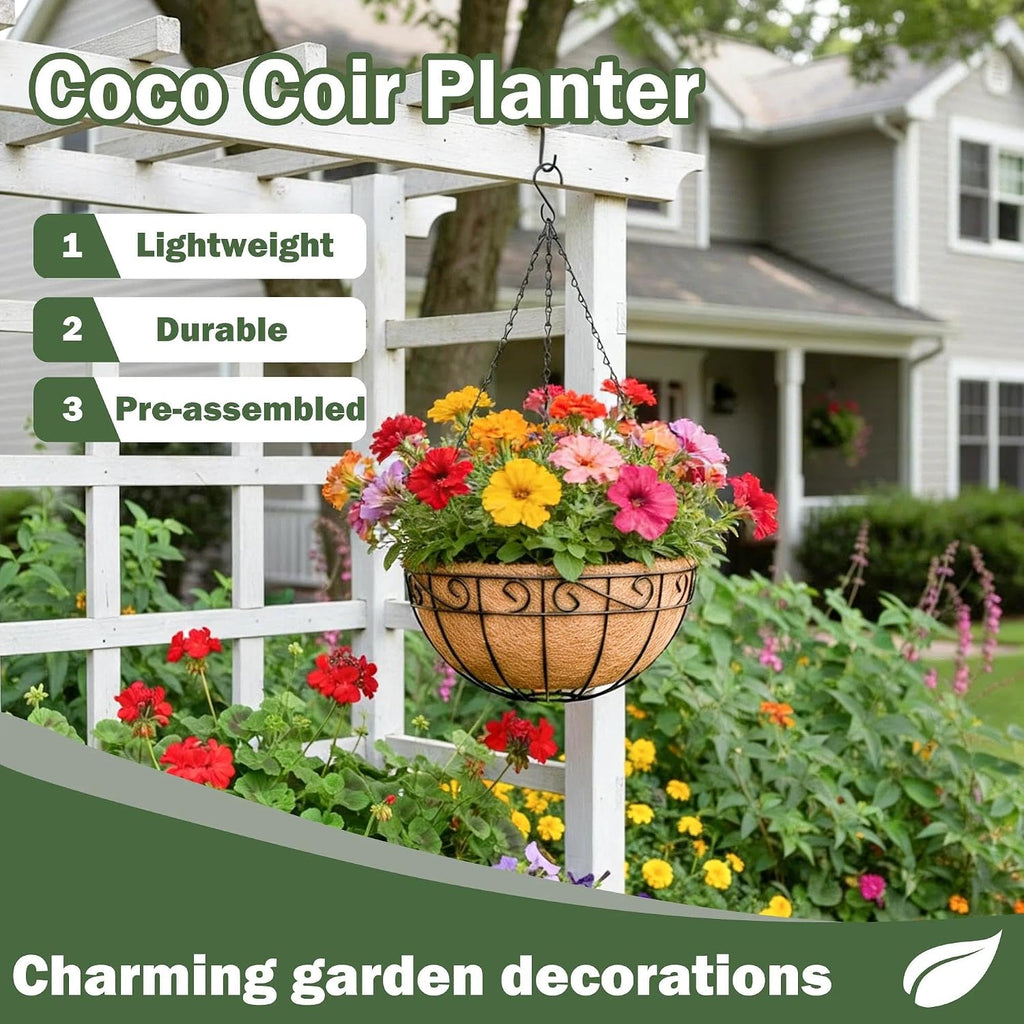 4 Pack 14 Inch Hanging Baskets for Plants Outdoor Metal Hanging Planter Basket with Coco Coir Liner Hanging Flower Pots
