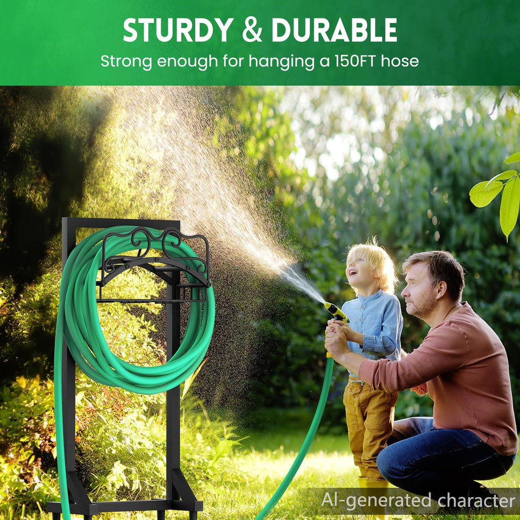 Garden Hose Holder, Heavy Duty Metal Water Hose Holder with 4 Spikes Outdoor Freestanding Hose Hanger Detachable Sturdy
