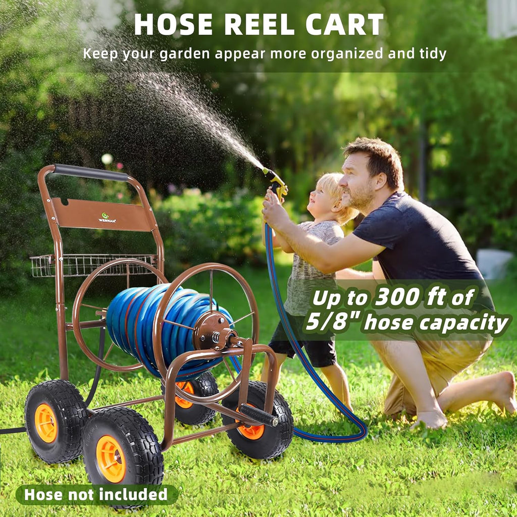 Upgrade Hose Reel Cart, Garden Hose Cart 4 Wheels, Holds 300ft 5/8" | Heavy Duty Metal Outdoor Water Hose Reel Carts