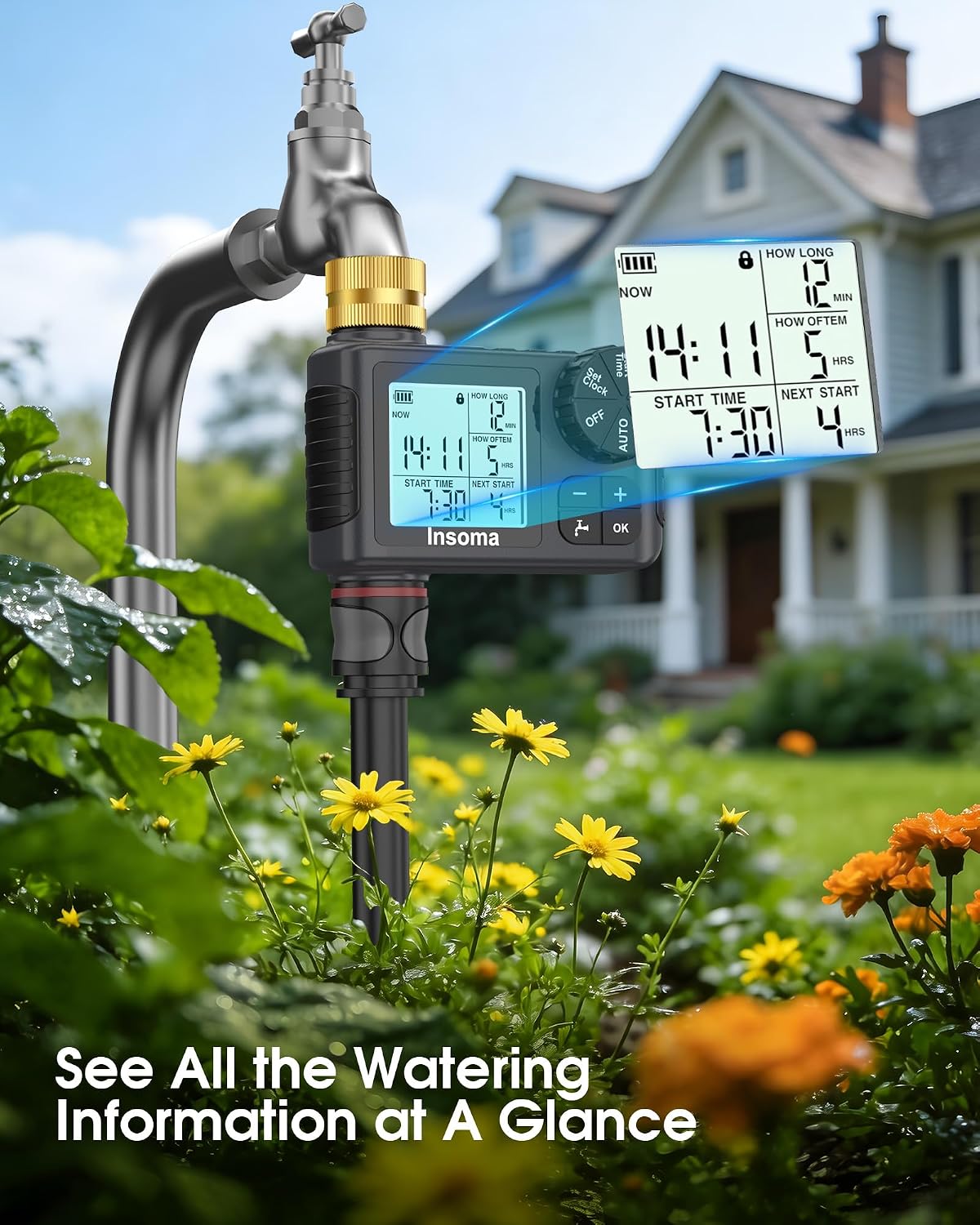 Water Timer for Garden Hose with Brass Inlet, 1 Outlet Sprinkler Timer with Auto/Manual/Rain Delay Mode, Large LCD