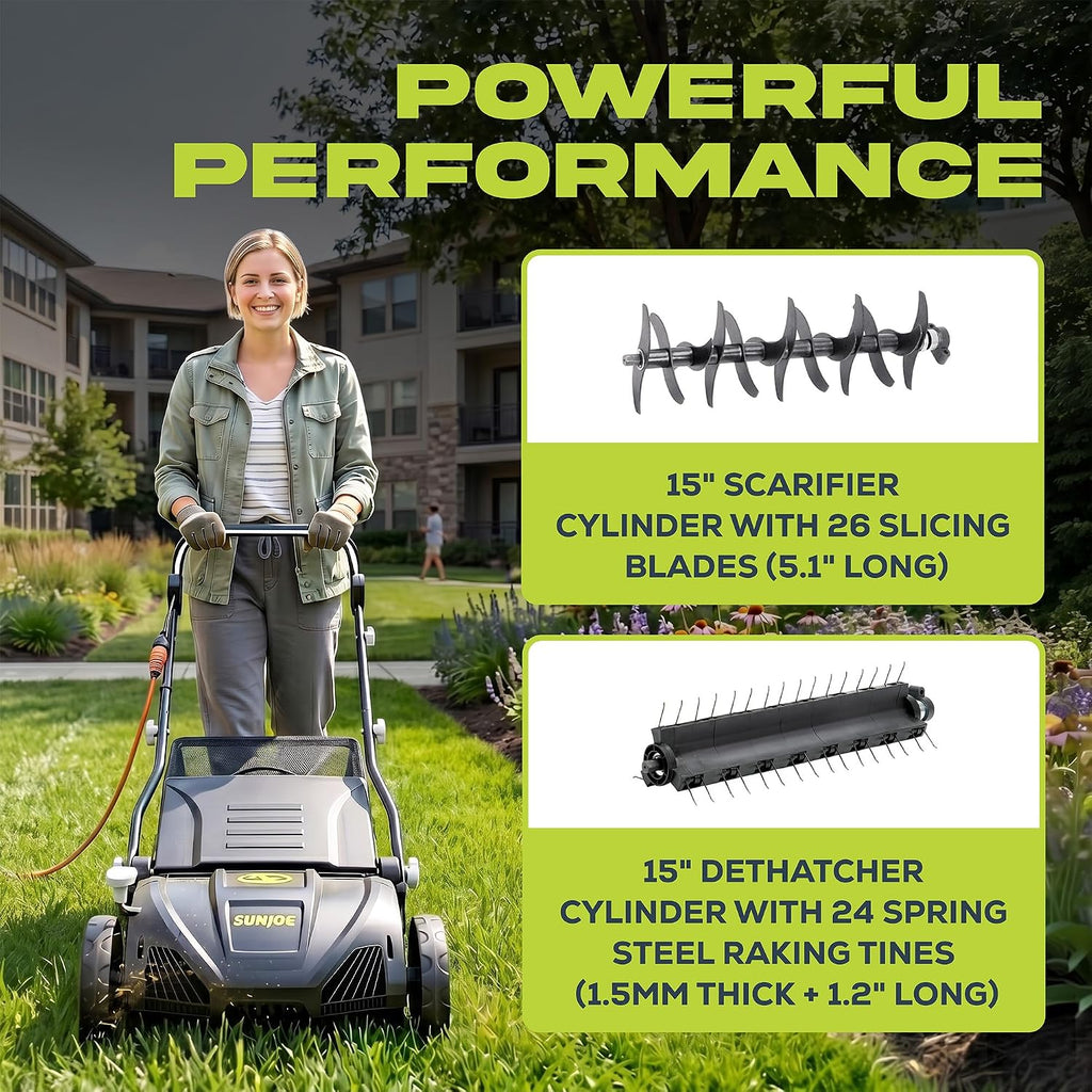 Sun Joe 15-Inch Lawn Dethatcher with Scarifier Blade Reel, AJ805E | and Collection Bag - 13-Amp Corded Yard Power Rake