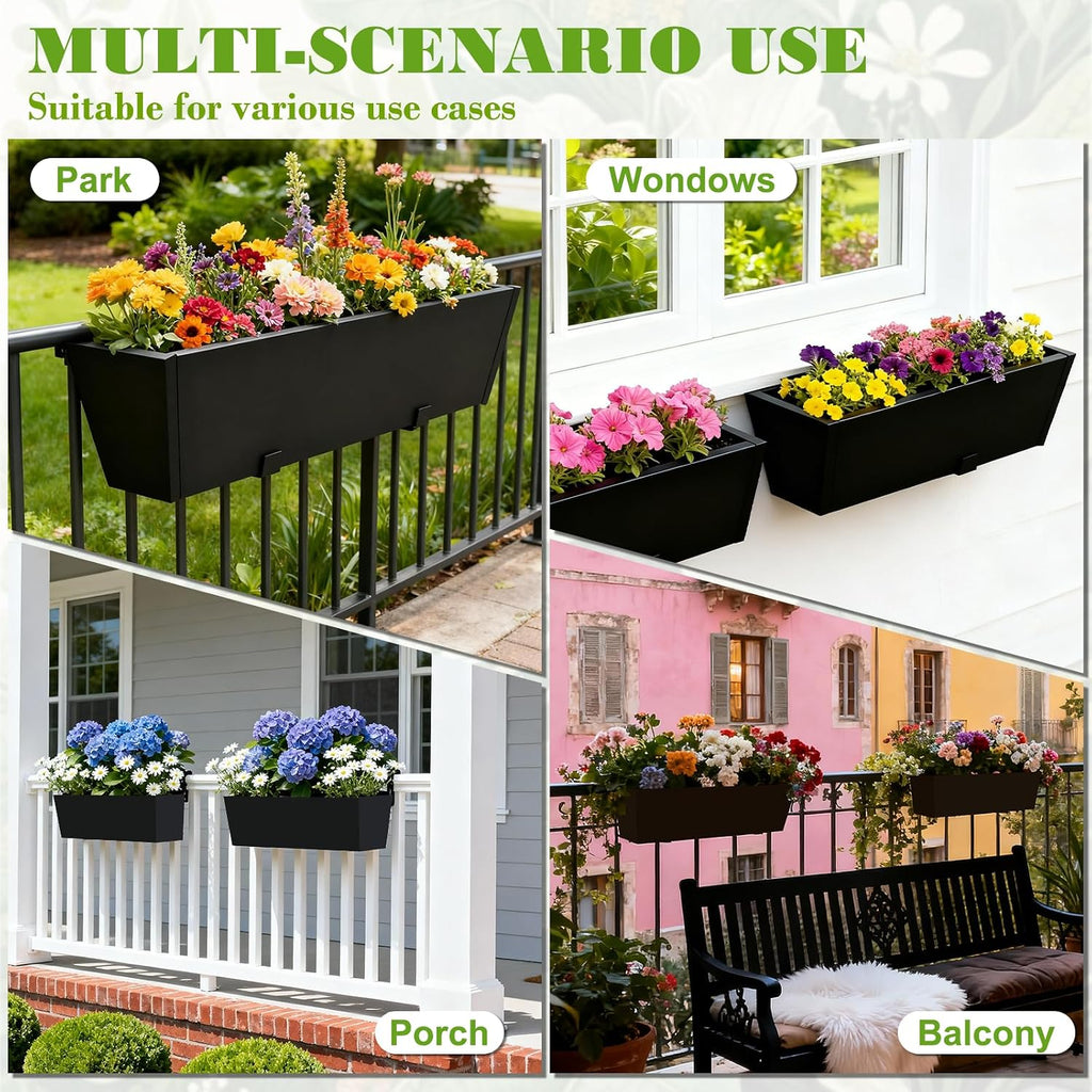36 Inch Railing Planter Boxes, Heavy Duty Metal Hanging Planters with Adjustable Brackets, Outdoor Balcony Flower Box