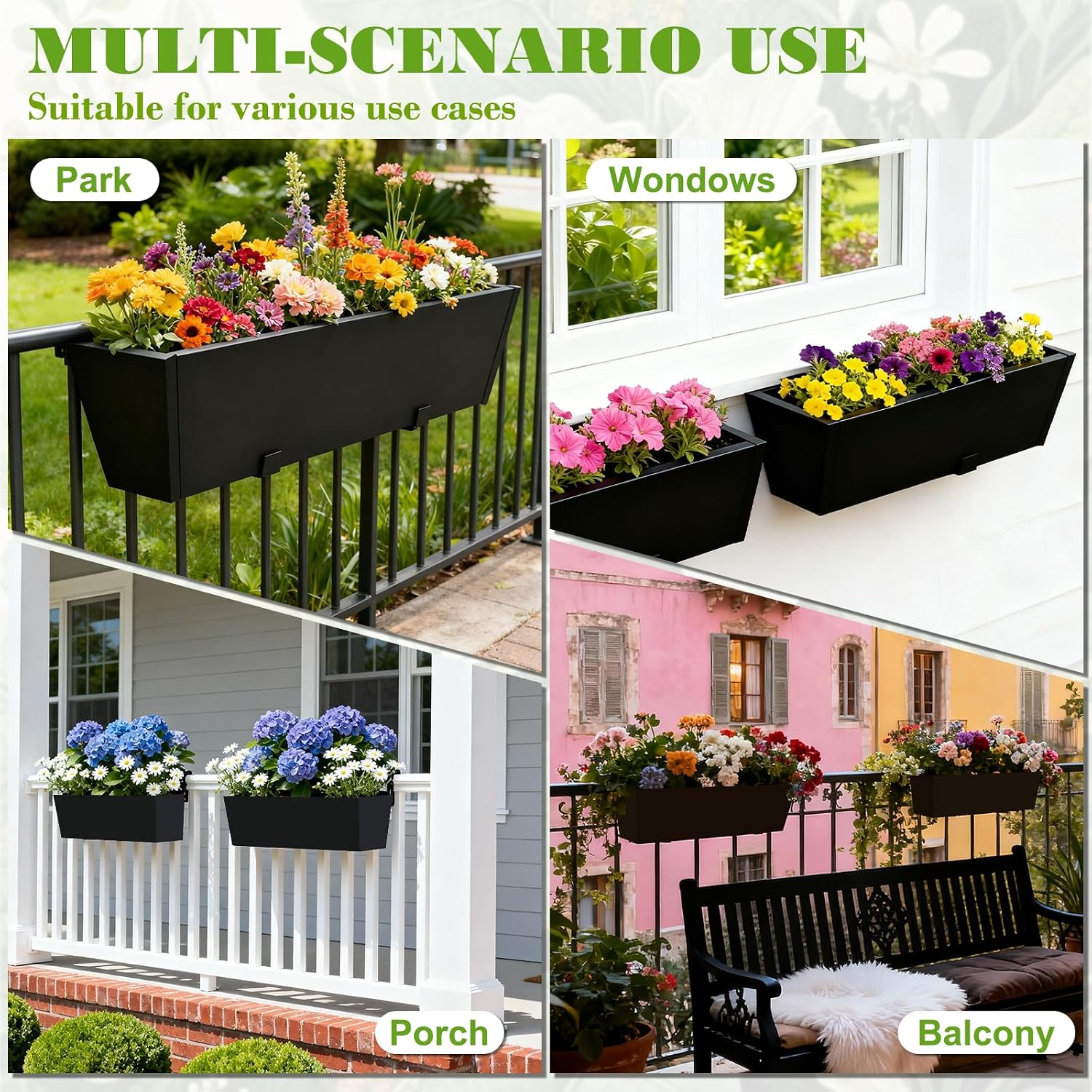 36 Inch Railing Planter Boxes, Heavy Duty Metal Hanging Planters with Adjustable Brackets, Outdoor Balcony Flower Box