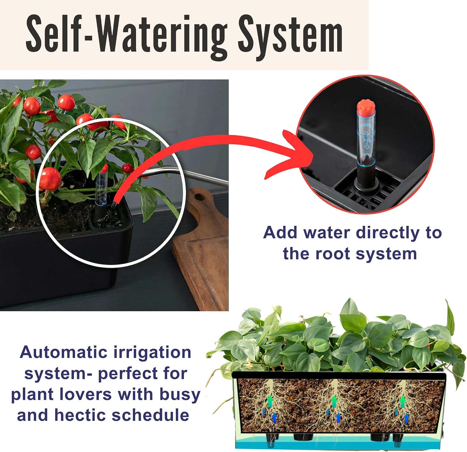 LaLaGreen Railing Planter Boxes (16 Inch, 2 Pack) Black Rectangular Plastic Window Box Planters with Self-Watering