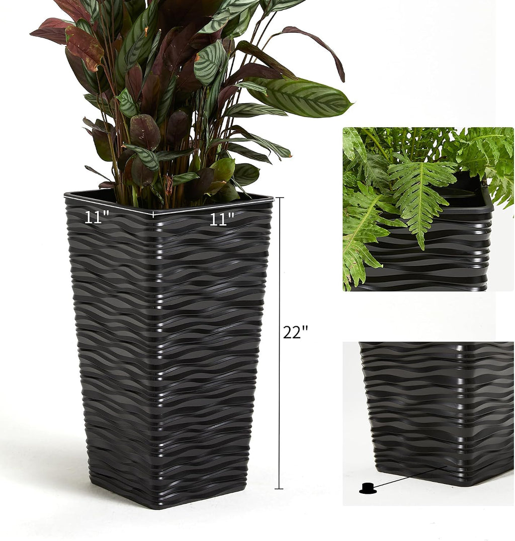 Worth 2 Pack 22" Tall Plastic Square Tapered Planter with Inside Pots for Indoor or Outdoor Use, Modern Wavy Finish for