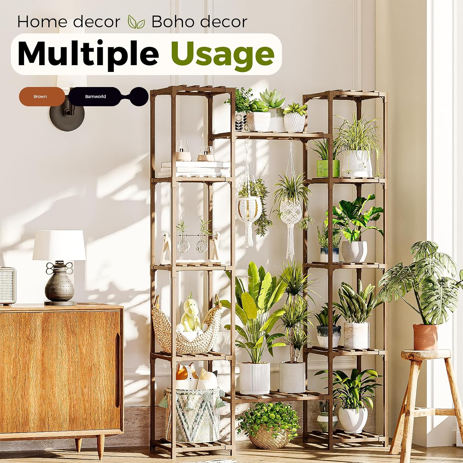 Bamworld Plant Stand Indoor Outdoor 12 Tier Tall Large Wood Plant Shelf | Widened Multi Tier Flower Stands Garden