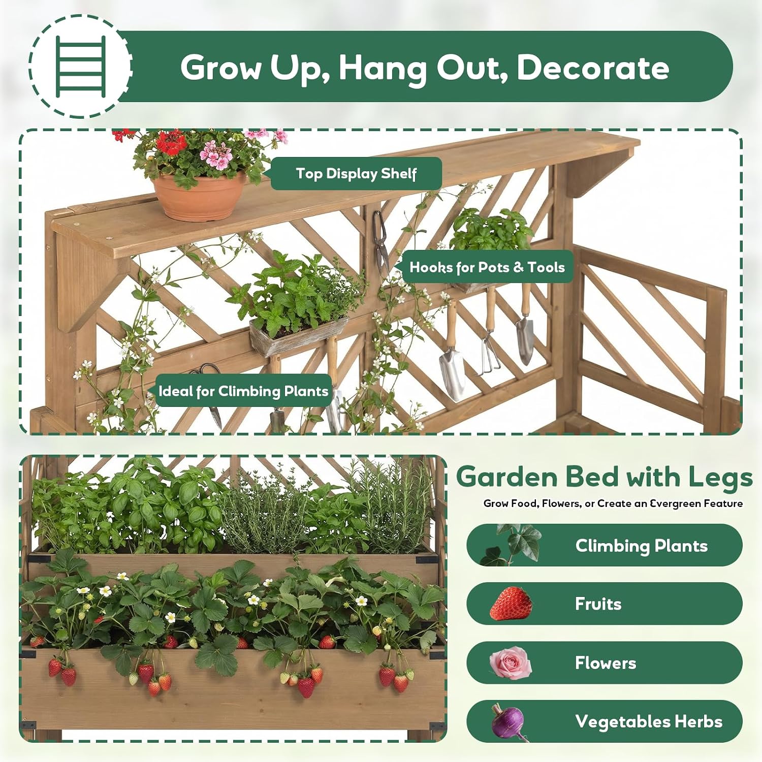 Raised Garden Bed with Trellis, 2-Tier Elevated Planter Box with Legs & Top Shelf, Liner, Metal Corners, Wooden Garden