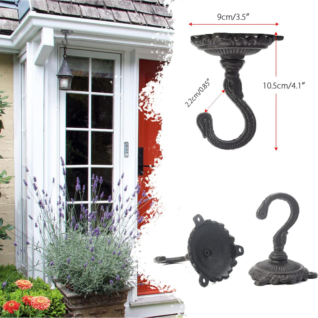 Sungmor Heavy Duty Cast Iron Ceiling Hooks - 2PC Black, 3.5x3.9Inch Decorative Plant Hangers, Indoor Outdoor Swag Hooks
