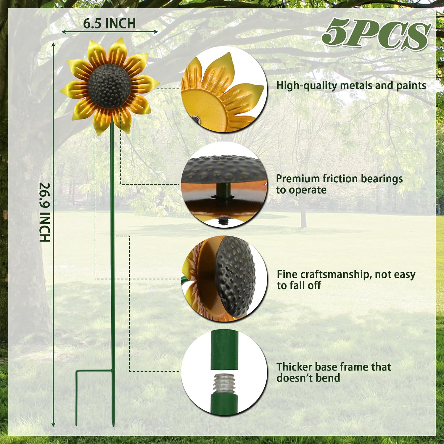 Sunflowers Metal Yard Art Wind Spinners Outdoor Decoration Stakes | 5pcs Lawn Ornaments, Lawn Decorations Garden