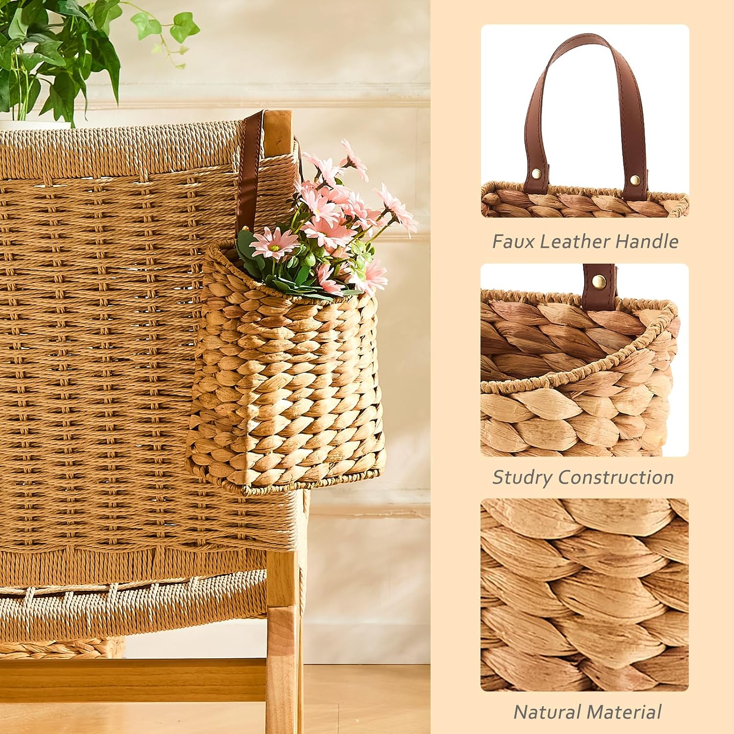 Wall Hanging Pocket Basket Portable Water Hyacinth Storage Basket Decorative Boho Mounted Organizer Dried Flower Plants