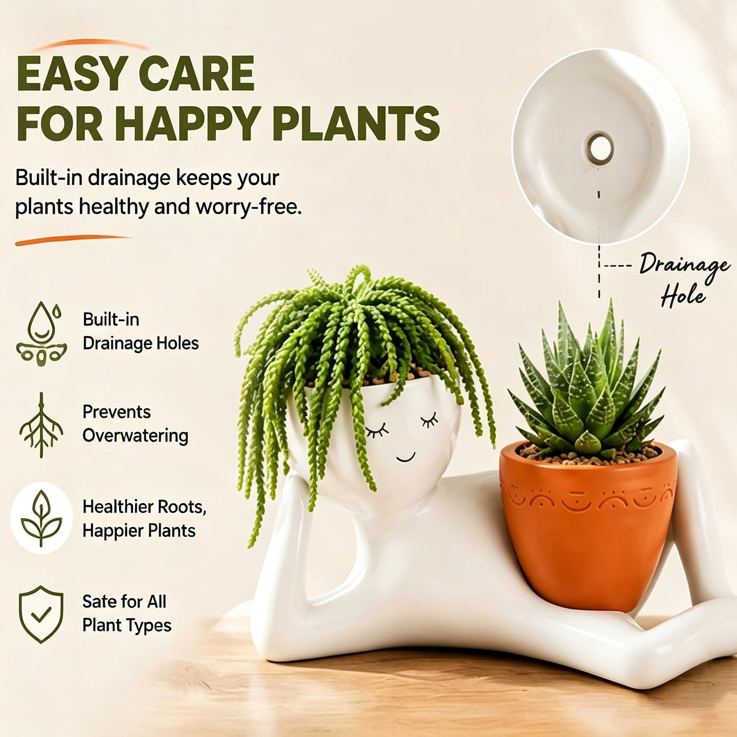 Goofy Garden Planter, Funny Lazy Guy Face Plant Pots with Drainage Hole, 9 Inch Large Resin Head Flower Pot, Cute