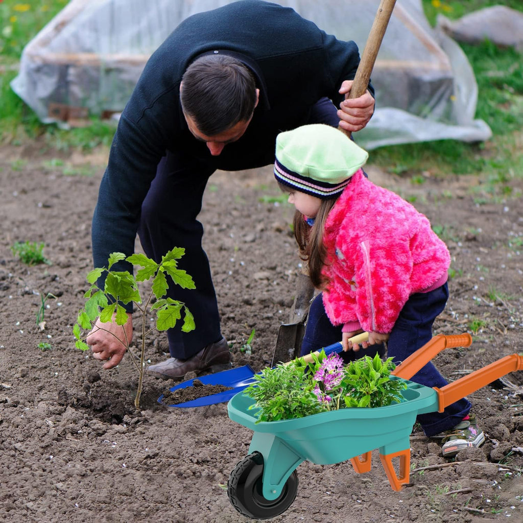 Qtioucp Kids Gardening Set with Wheelbarrow, Real Metal Garden Tools for Kids Ages 3-8, 4 Long Handle Tools, 3 Hand