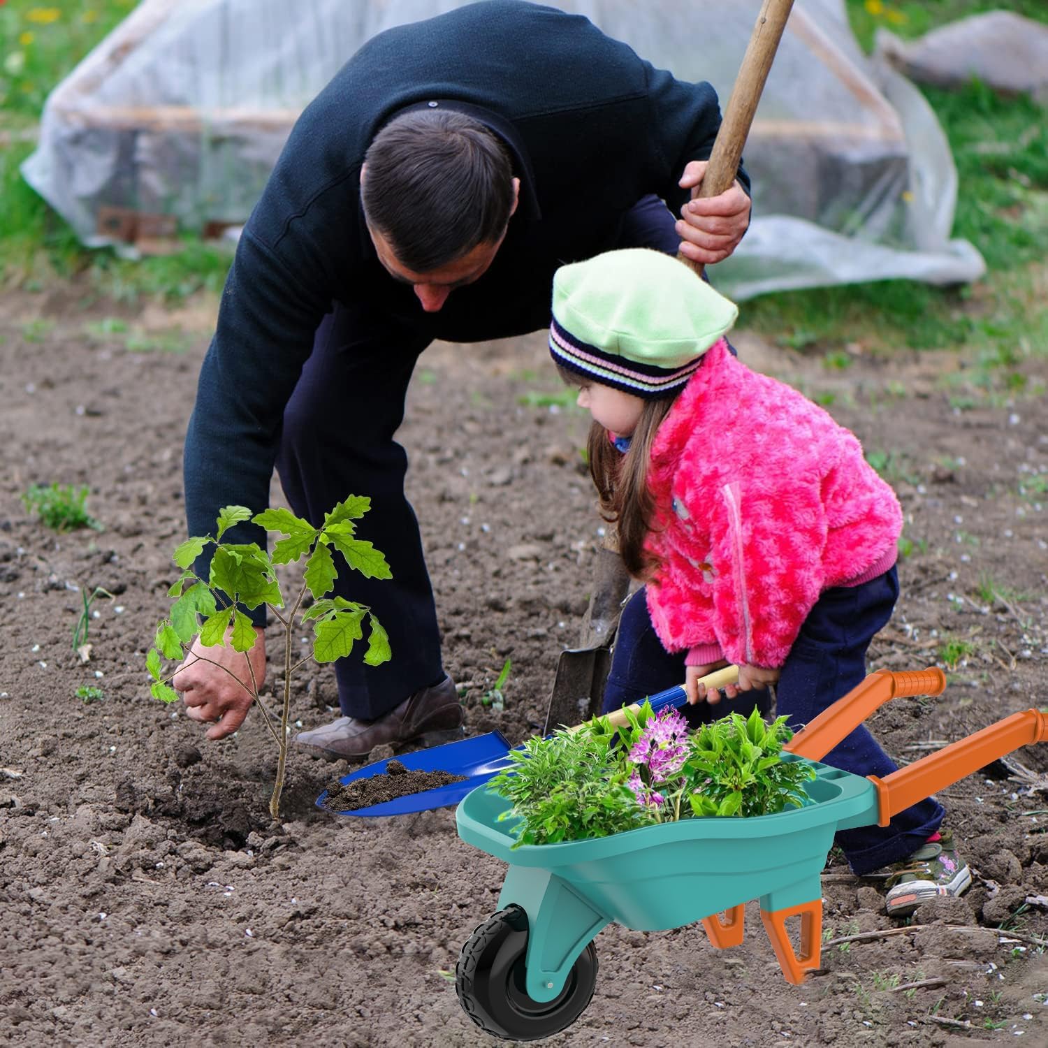 Qtioucp Kids Gardening Set with Wheelbarrow, Real Metal Garden Tools for Kids Ages 3-8, 4 Long Handle Tools, 3 Hand