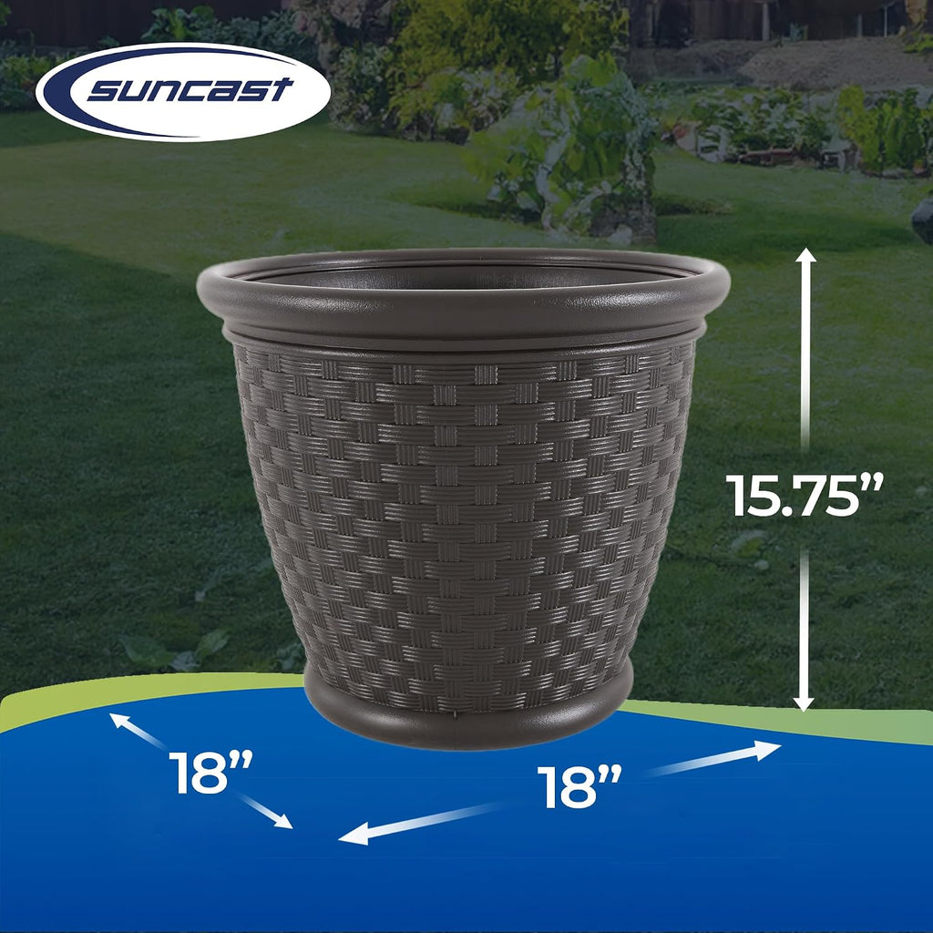 Suncast Sonora 18 Inch Lightweight Durable Plastic Wicker Decorative Flower Planter Pot for Yard, Garden, Indoor or