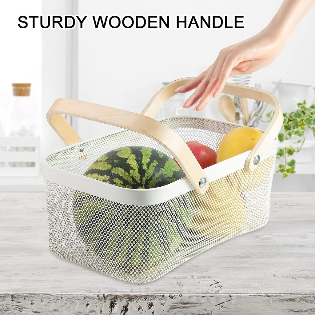 Portable Garden Harvest Basket-Mesh Design Natural Bamboo Handle Wire Storage Baskets,Mesh Basket with Handle Organize