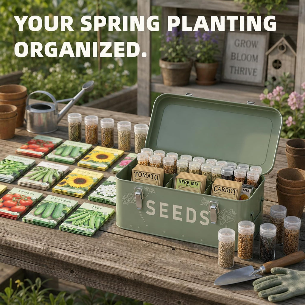 Orionstar Metal Seed Storage Organizer Box with 30 Bottles, 4-Compartment | Heavy-Duty Steel, 30 Plastic Bottles &