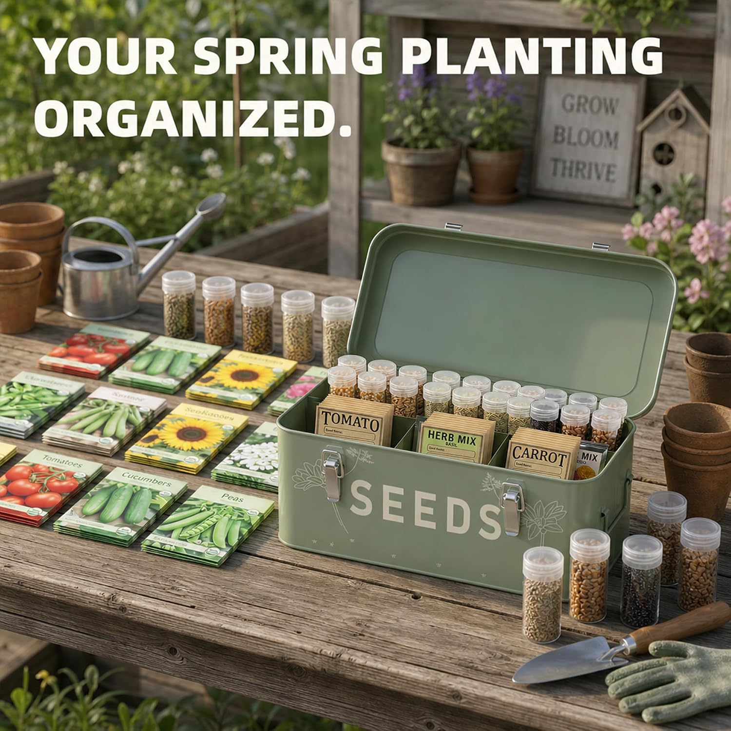 Orionstar Metal Seed Storage Organizer Box with 30 Bottles, 4-Compartment | Heavy-Duty Steel, 30 Plastic Bottles &