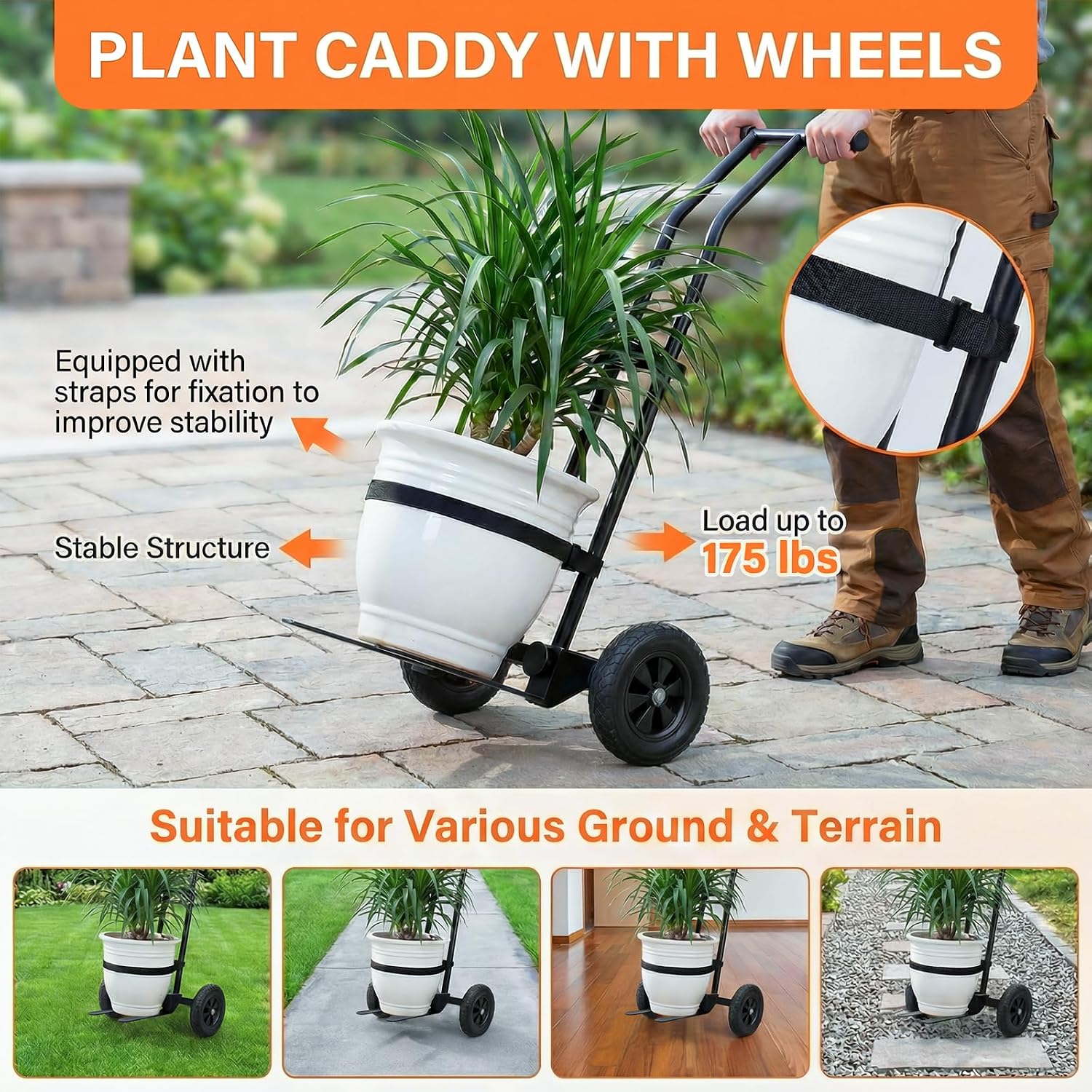 Heavy Duty Plant Caddy with Wheels, 175Lbs Adjustable Plant Dolly Cart with Grab Arm/Suction Cups/Strap, Dual