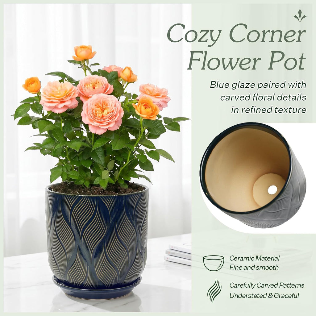 7.2 Inch Modern Ceramic Glaze Plant Pot with Drainage Hole,Mesh Net,Saucer,Indoor Outdoor Planter(Leaf-Blue)