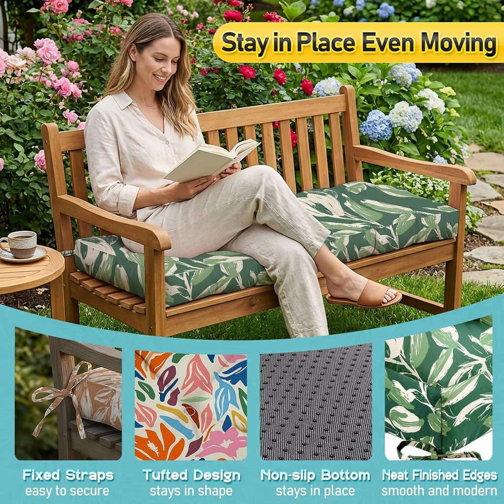 Outdoor Bench Cushion, Tufted Patio Seat Pad for Garden Bench, Porch Swing, Indoor/Outoor Furniture (Green Tulip