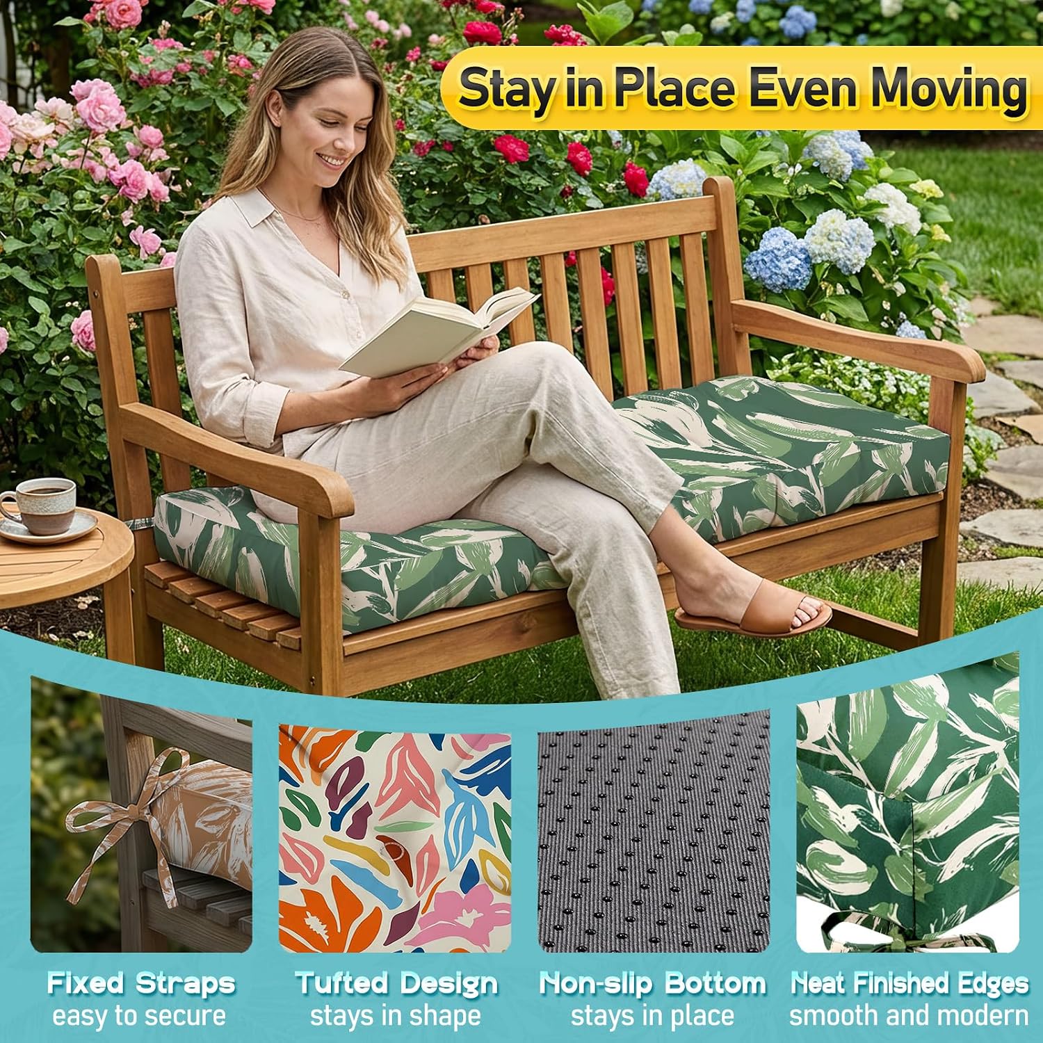 Outdoor Bench Cushion, Tufted Patio Seat Pad for Garden Bench, Porch Swing, Indoor/Outoor Furniture (Green Tulip