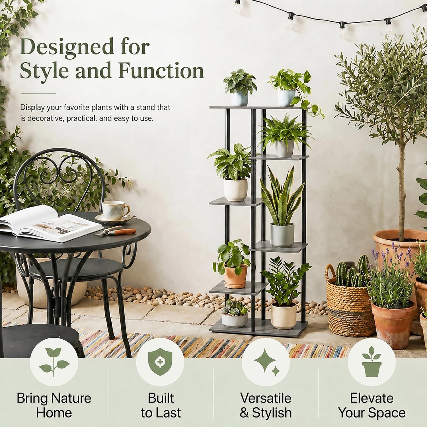 Corner Tall Plant Stand Indoor 6 Tier 8 Potted, Oak Grey | Functions as Flower Pots, Shelf, Decor Rack, Holder, Metal