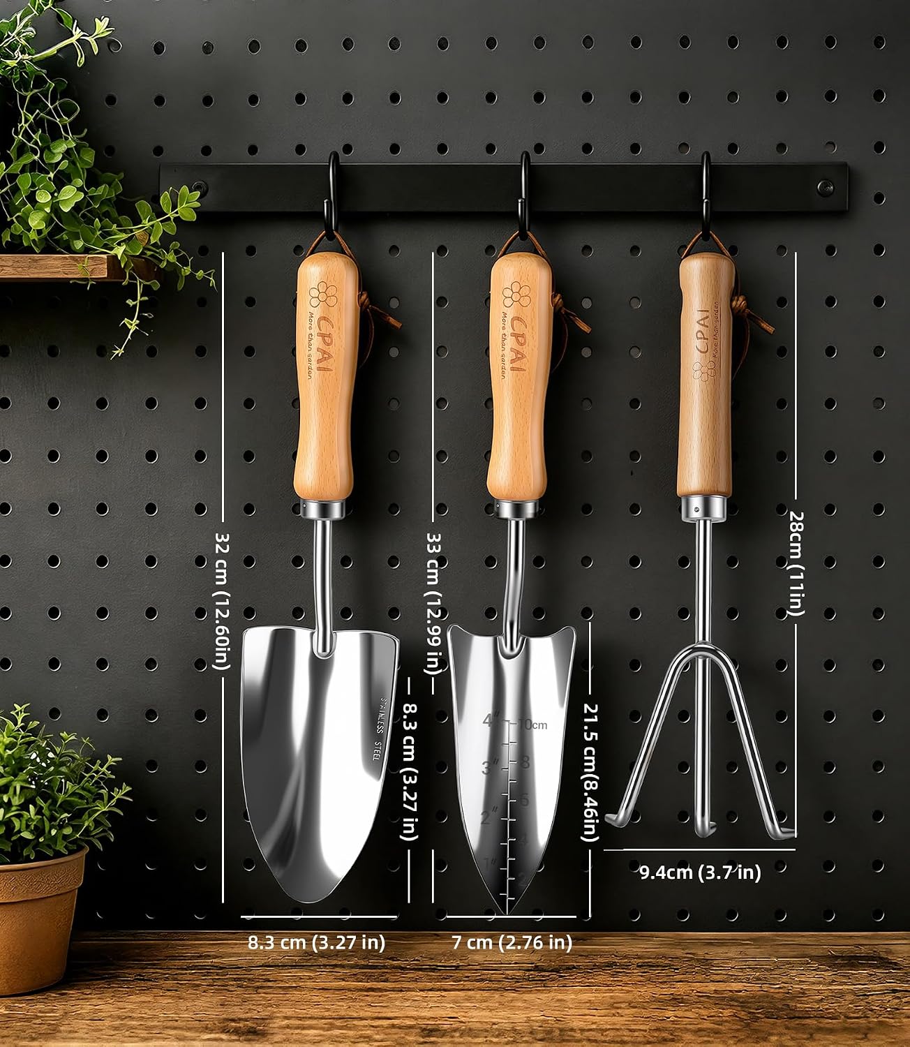 3-Piece Garden Tool Set, Stainless Steel Garden Trowel, Measurement Trowel and Hand Rake with Smooth Wooden Handles for