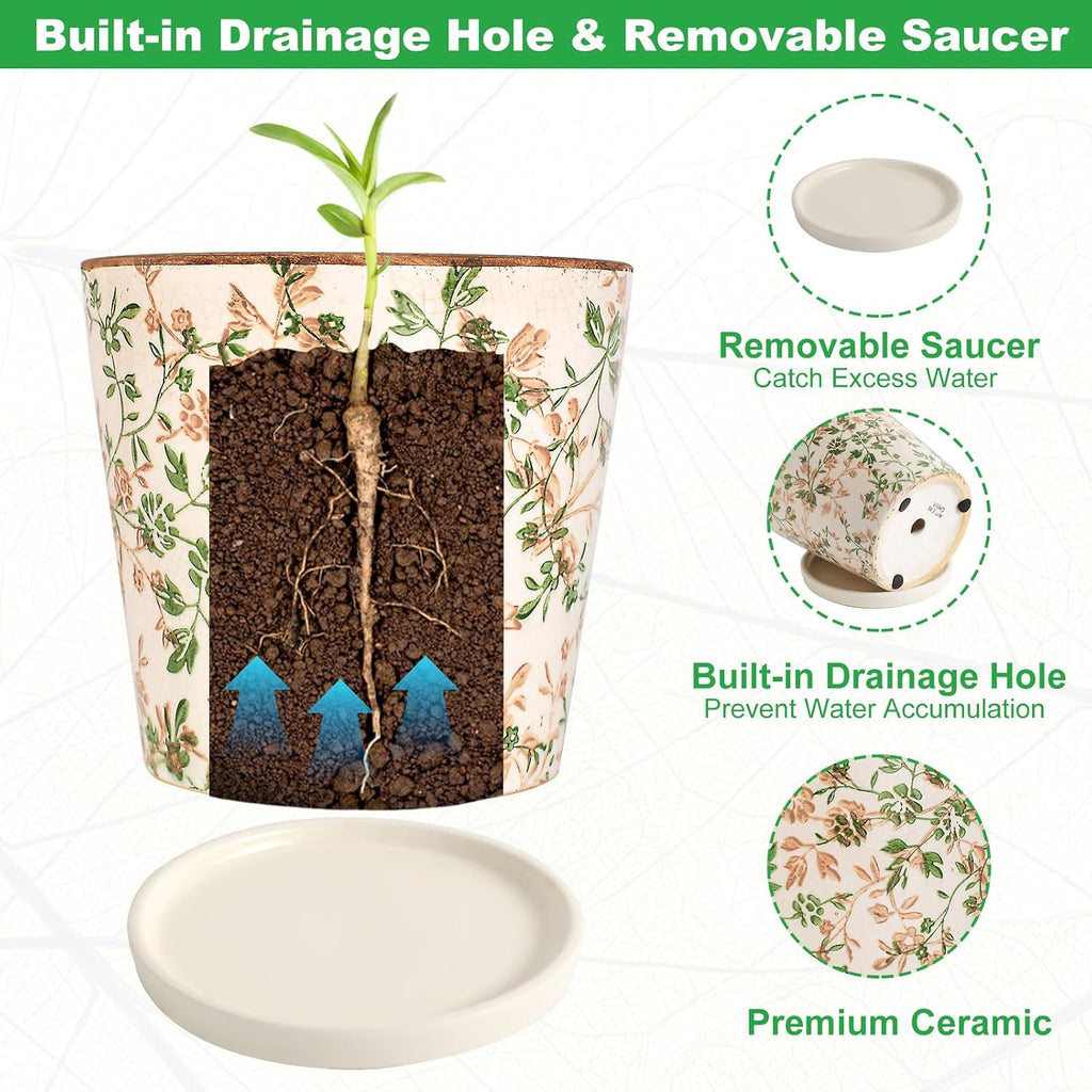 Ceramic Flower Pots for Indoor Plant with Drainage Hole & Saucer | 5.5 Inch Small Ice Crack Plant Pots, Decorative