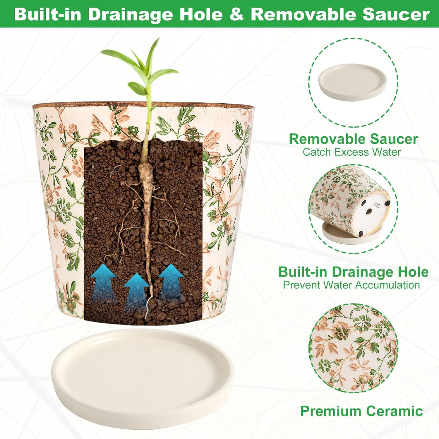 Ceramic Flower Pots for Indoor Plant with Drainage Hole & Saucer | 5.5 Inch Small Ice Crack Plant Pots, Decorative