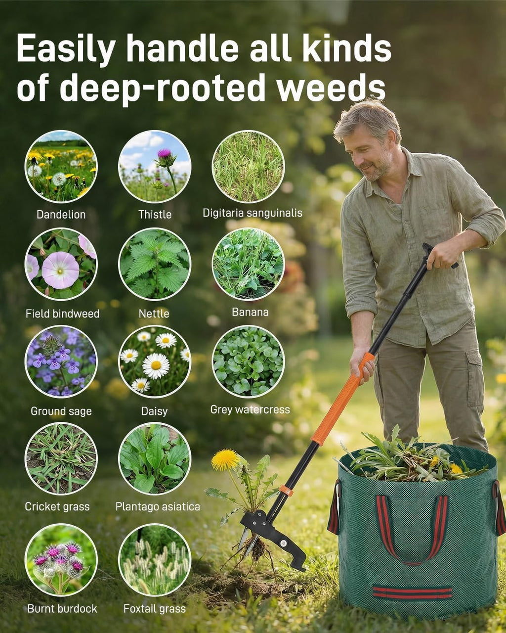 Stand Up Weed Puller Tool with Adjustable Long Handle and 50L Garden Bag | 36″-46″ Adjustable Handle | Heavy Duty