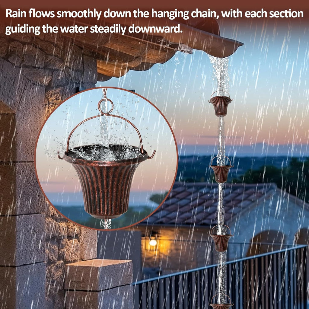 12.4FT Rain Chain for Gutters and Outdoor Drainage with 12 Cups | Iron Red Copper Cup Design, Adjustable Length, Easy