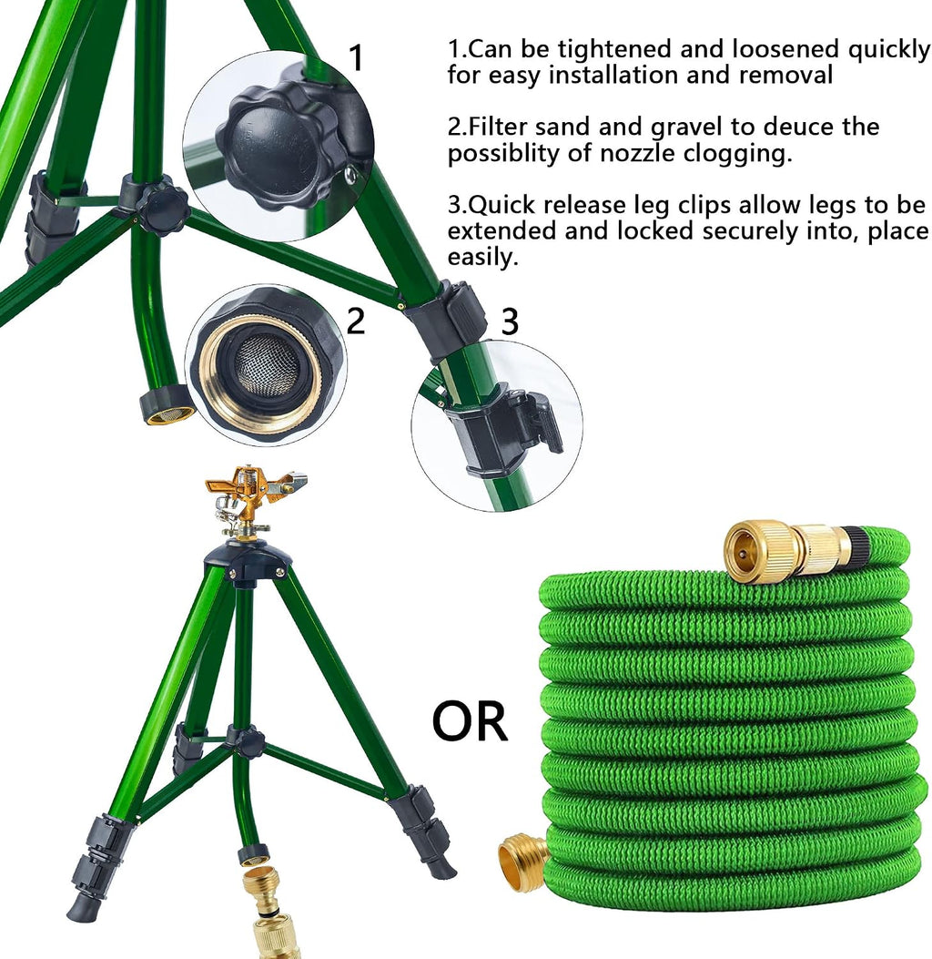 Hourleey Impact Sprinkler on Tripod Base, Heavy Duty Brass Sprinklers for Yard Lawn Garden, 0-360 Degree Large Area