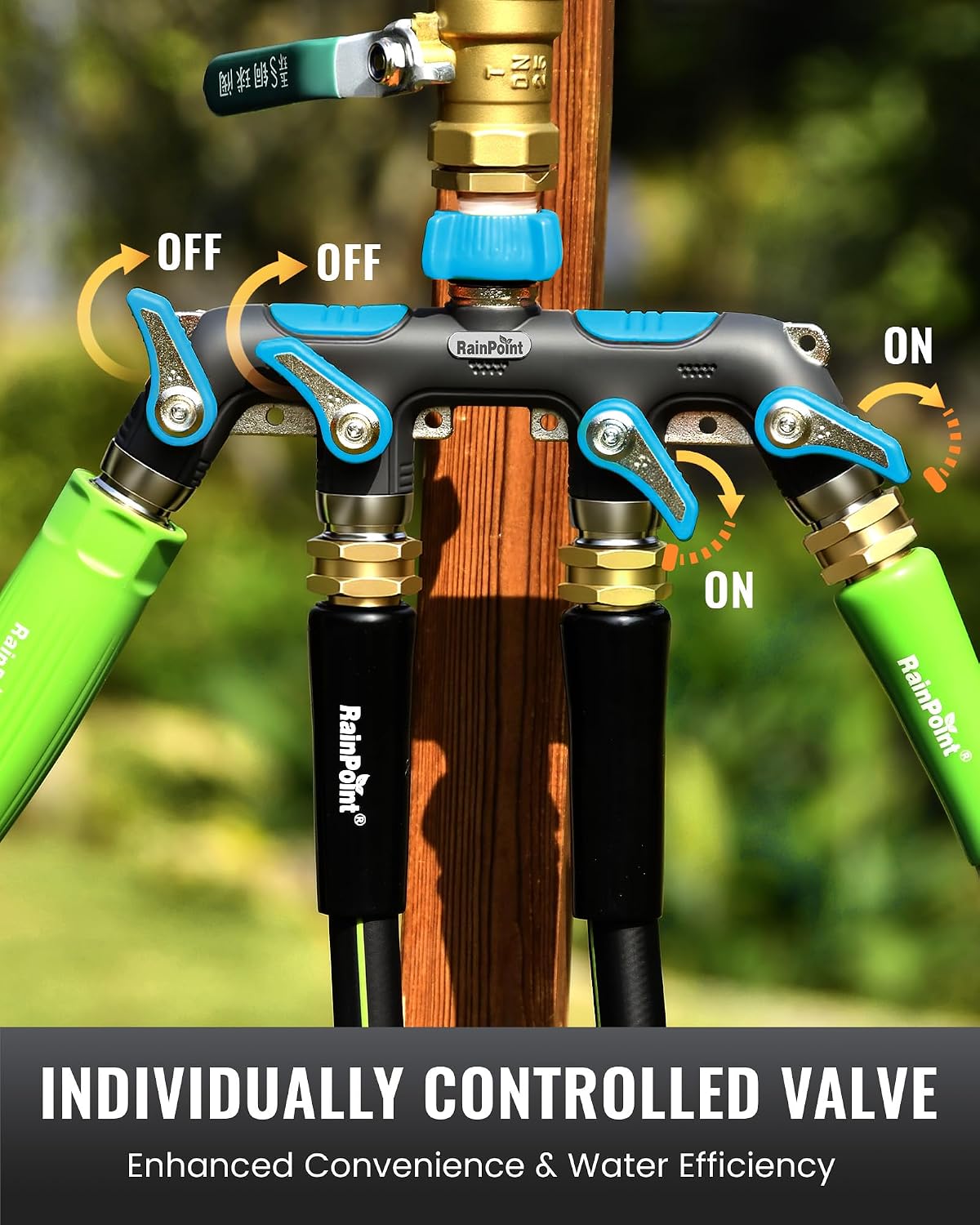 RAINPOINT 4 Way Garden Hose Splitter, 100% Metal Heavy Duty Water Hose Splitter with Individual Shut-Off Valves, 3/4"