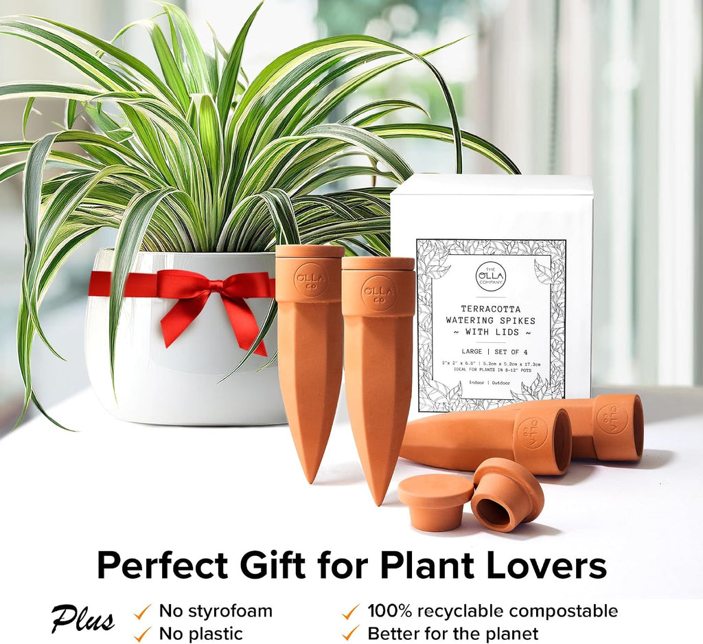 Terracotta Watering Spikes with Lids, Large 4 Pack | Self watering spikes for indoor or outdoor plants; ideal for
