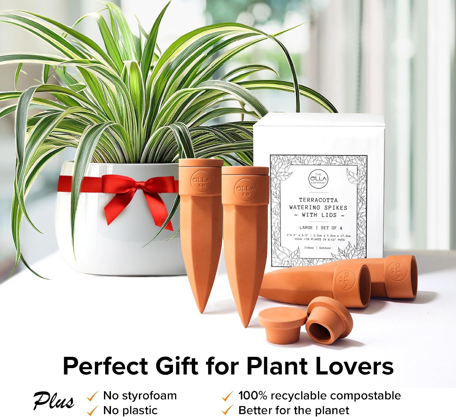 Terracotta Watering Spikes with Lids, Large 4 Pack | Self watering spikes for indoor or outdoor plants; ideal for