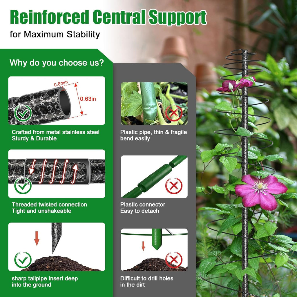 2 Pack Spiral Metal Garden Trellis for Climbing Plants Outdoor - 72" Large Heavy Duty Plant Support Tower with Center