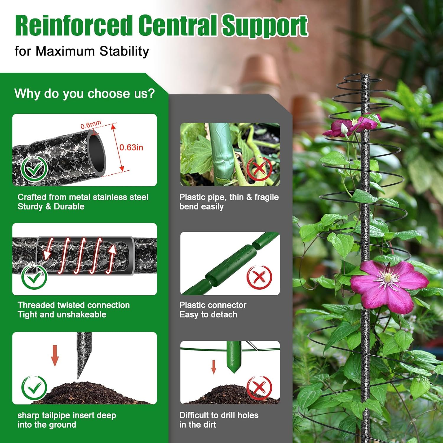 2 Pack Spiral Metal Garden Trellis for Climbing Plants Outdoor - 72" Large Heavy Duty Plant Support Tower with Center