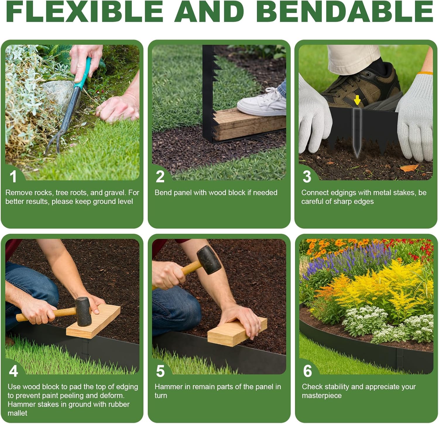 Metal Landscape Edging Border 6 Packs 42'' L x 4.5'' H, Galvanized Steel Garden Edging Border with 6 Stakes, Hammer-in