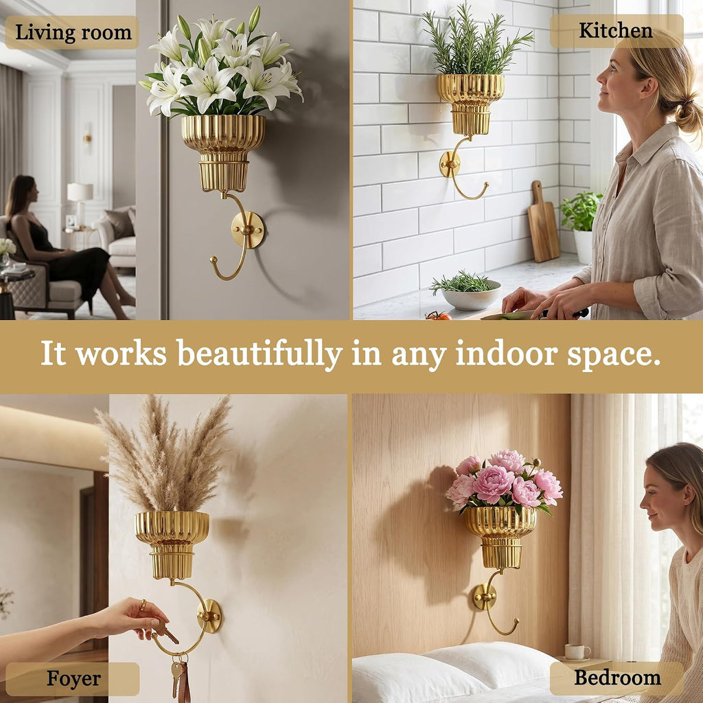 Hanging Plant Wall Vessel for Flowers with Hook, Indoor Outdoor Boho Bathroom Decor Wall Art Planter Mounted Vase (Gold)
