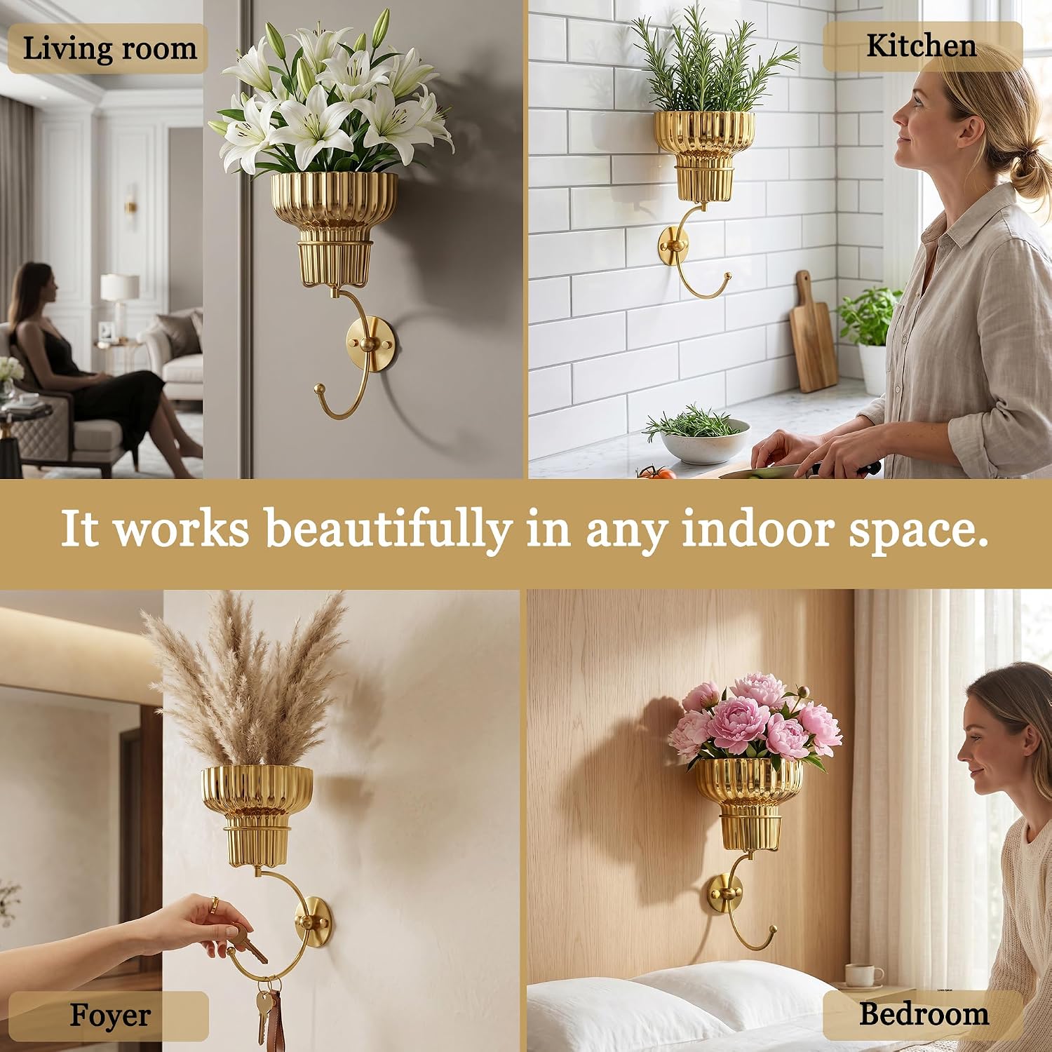 Hanging Plant Wall Vessel for Flowers with Hook, Indoor Outdoor Boho Bathroom Decor Wall Art Planter Mounted Vase (Gold)