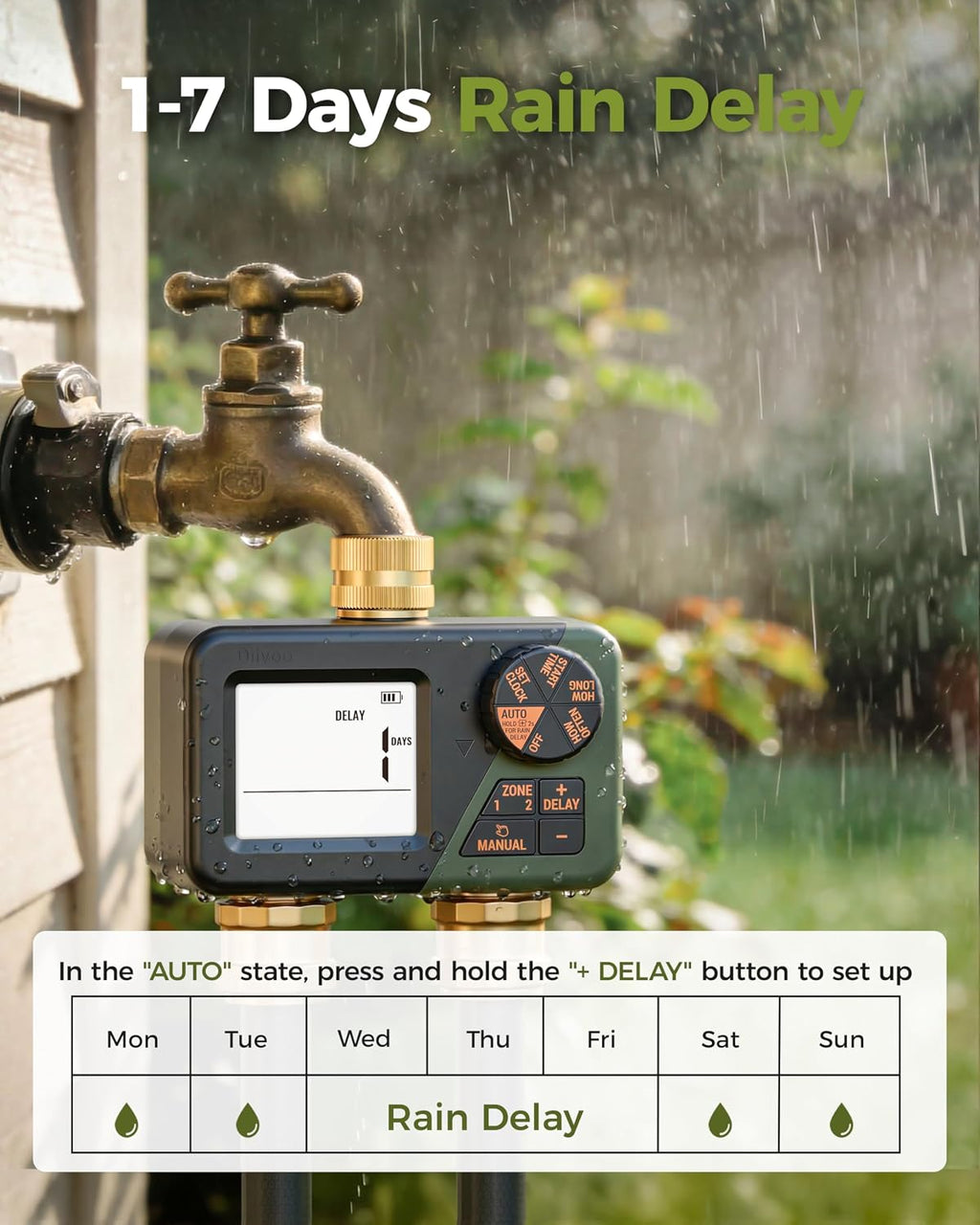 Diivoo Brass Hose Timer 2 Outlet, Sprinkler Timer for Garden Hose | IP66 Waterproof, Large Display Easy Program, Rain